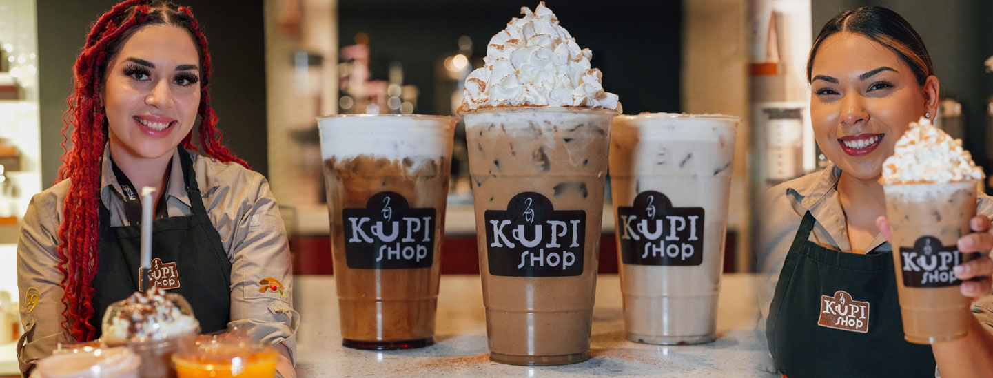 a variety of fresh coffee and beverages from the kupi shop